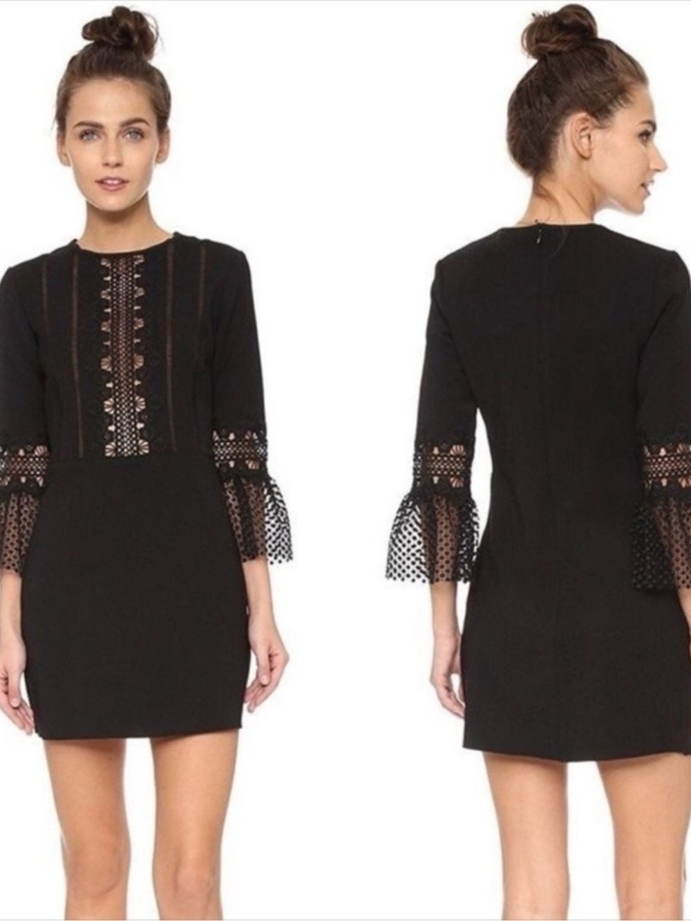 Self-Portrait lace-insert bell-sleeve mini dress 0155